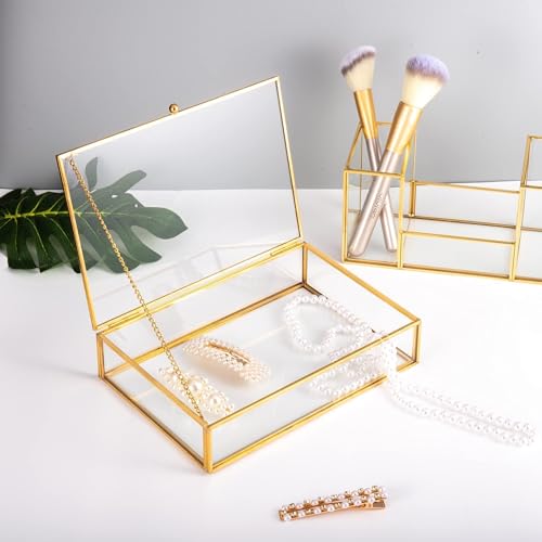 Feyarl Gold Glass Jewelry Trinket Box 5 x 7 Photo Cards Shadow Lidded Box Organizer Collection Display Case Decorative Keepsake Box for Home Deco (8.66 x 5.9 x 1.96inch) - Image 5