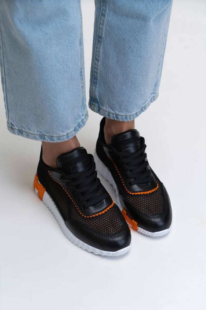 نيشانتاشي شوز Nadine Black Matte Mesh Detail Thick Sole Women's Lace-Up Sports Shoes
