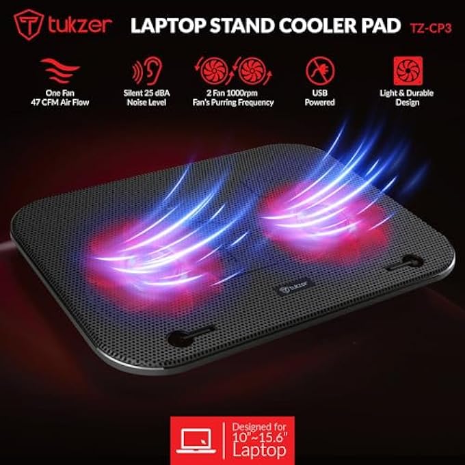 tuKZer LAPTOP COOLING PAD, PORTABLE SLIM QUIET USB POWERED GAMING COOLER STAND CHILL MAT| 2-RED-LED FANS| USB POWERED| 2-VIEWING ANGLES |10-TO-15.6-INCH NOTEBOOK MACBOOK - Image 2