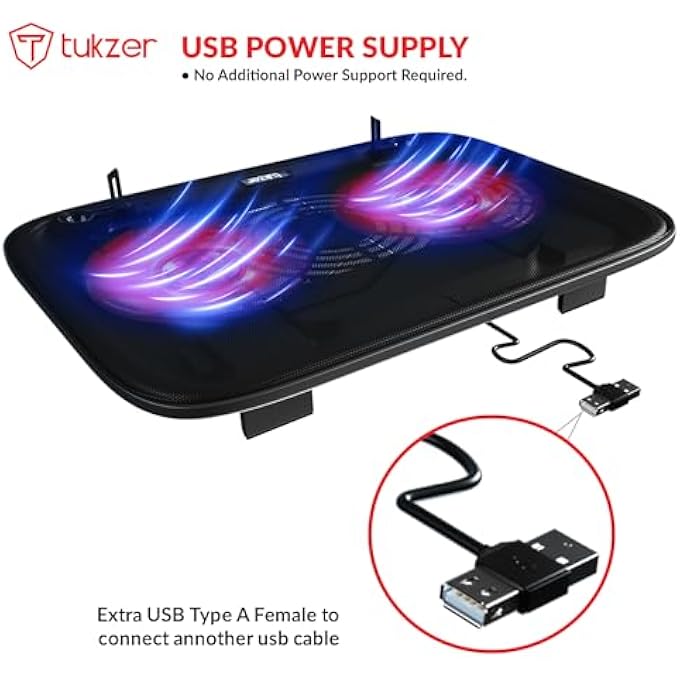 tuKZer LAPTOP COOLING PAD, PORTABLE SLIM QUIET USB POWERED GAMING COOLER STAND CHILL MAT| 2-RED-LED FANS| USB POWERED| 2-VIEWING ANGLES |10-TO-15.6-INCH NOTEBOOK MACBOOK - Image 3