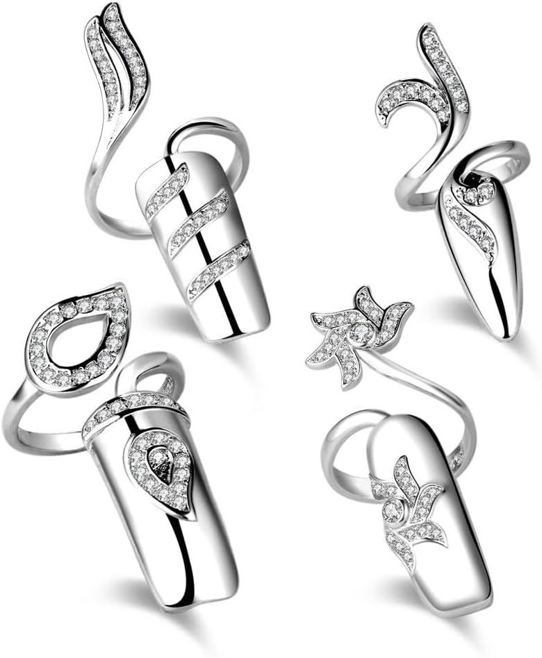 QUUPY 4PCS Women Fingernail Rings Rhinestones Finger Tip Rings Silver Opening Ring Nail Decoration Nail Protecting Fingernail Gift for Wedding Party Travel