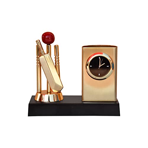 Saugat Traders Corporate Gifts for Clients Metal Cricket Pen Stand with Table Clock Showpiece Gift - New Year, Birthday Gift For Men & Boys, Student, Lovers Cricket Theme Desk Organiser Office - Image 1