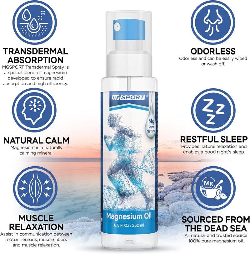 MgSport High Absorption Pure Magnesium Oil Spray â€“ 250 ml â€“ 100% Pure Magnesium Chloride from The Dead Sea, Without Preservatives â€“ Supports Sleep, Muscle Recovery and Leg Cramps - Image 2