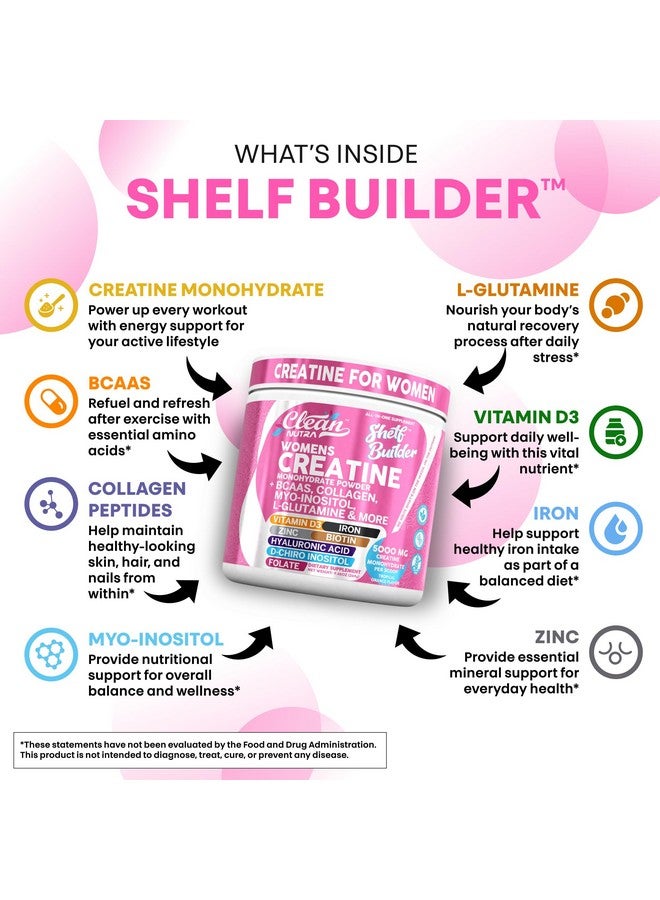 Clean Nutraceuticals Creatine for Women | Creatine Monohydrate + BCAA Powder Myo-Inositol Collagen Biotin Hyaluronic Acid Folate L Glutamine Vitamin D3 Iron Zinc D-Chiro-Maca Digestion Shelf Builder by Clean Nutra - Image 3