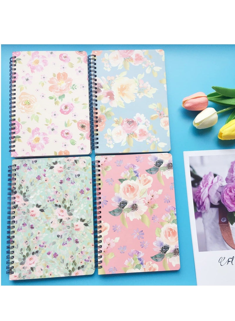 Spiral Notebooks for Women, 4 Pack Cute journals 6 × 8 Inch, A5 Size Hardcover Flower Notebooks School Supplies, College Ruled, Inner Pocket, 80 Sheets/160 Pages