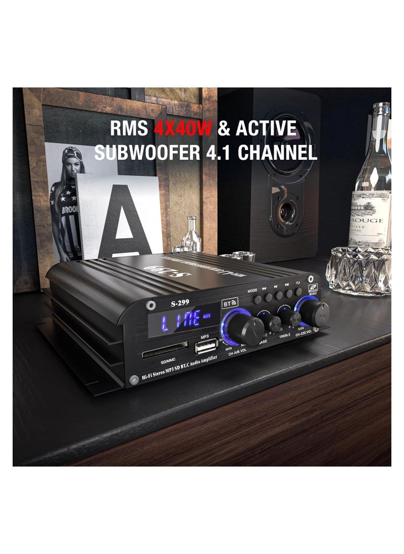 Generic - S-299 4.1CH Bluetooth Power Amplifier Active Subwoofer Output (NOT Passive Subwoofer), Max 800W RMS 40W x 4 Subwoofer Amplifier Hi-Fi Integrated Mini Speaker Amp Audio Sub Bass Amp (UK Regulatory) - Image 1