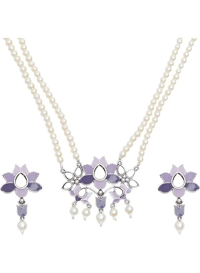 فويلا طقم مجوهرات فويالا مزين بالمينا الزرقاء بتفاصيل مرآة ومظهر مؤكسد، مقاس واحد، نحاس، بدون أحجار كريمة