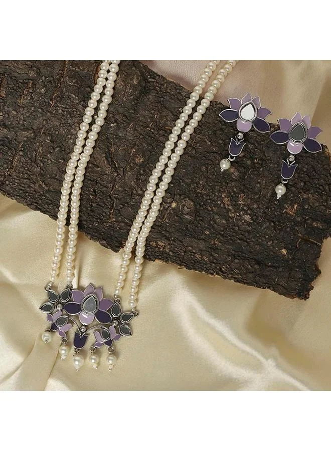 فويلا طقم مجوهرات فويالا مزين بالمينا الزرقاء بتفاصيل مرآة ومظهر مؤكسد، مقاس واحد، نحاس، بدون أحجار كريمة