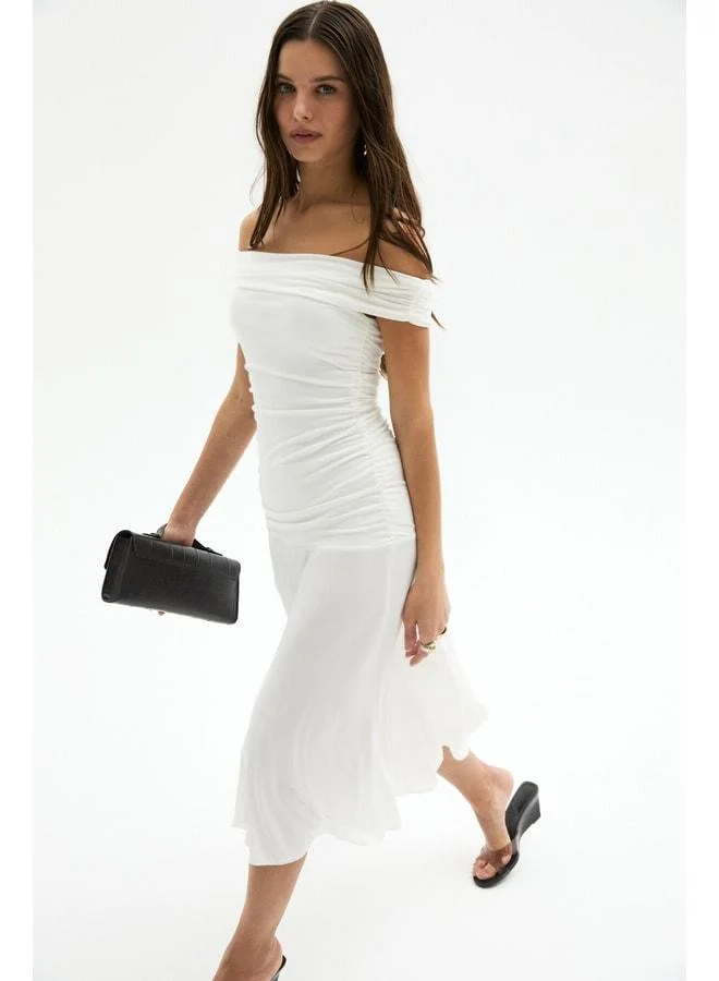 GRIMELANGE SABLE Women's Soft and Flexible Fabric Open Shoulder Ruffle Detailed Long White Dress.