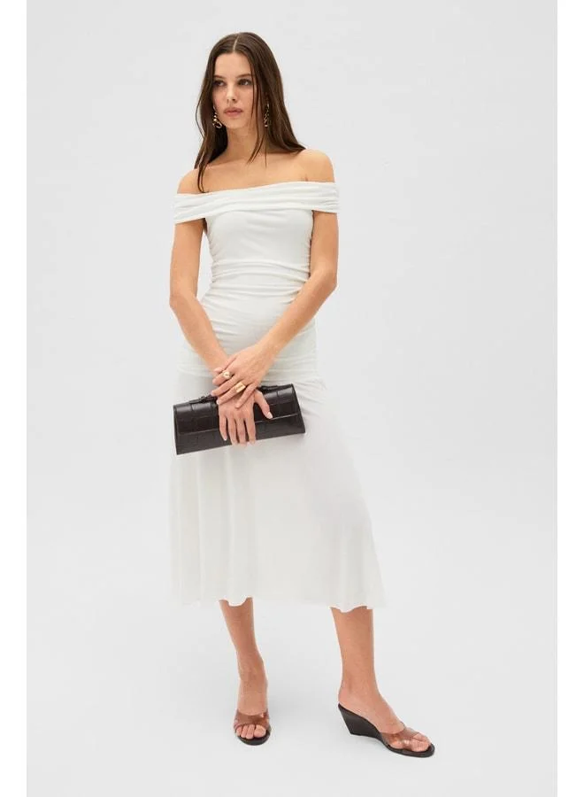 GRIMELANGE SABLE Women's Soft and Flexible Fabric Open Shoulder Ruffle Detailed Long White Dress.