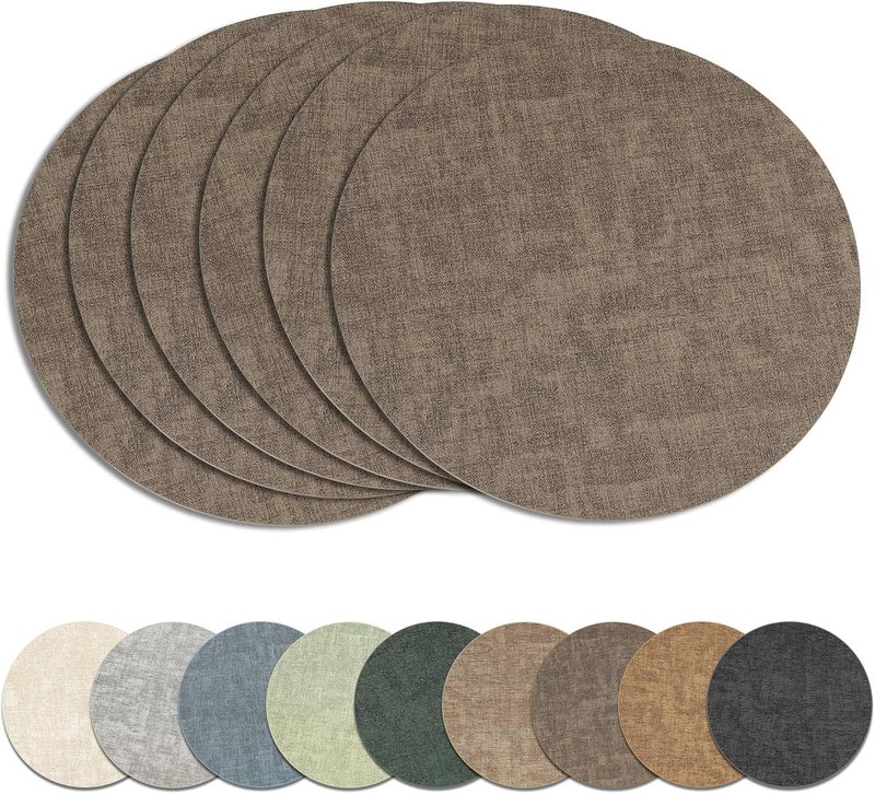 NCUE 13" Round Placemats Set of 6, Reversible Faux Leather Heat Resistant Table Mats, Waterproof Oilproof Wipeable Table Protective Placemats for Vinyl, Washable for Indoor & Outdoor Use (6, Dark Coffee) - Image 1
