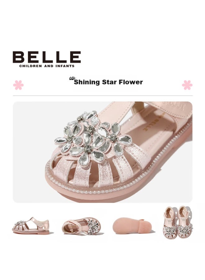 Belle Children's Shoes Summer Sandals For Girls, Princess Crystal Shoes, Baby Closed-toe Soft-soled Walking Shoes, Pink Size 30 - Image 1