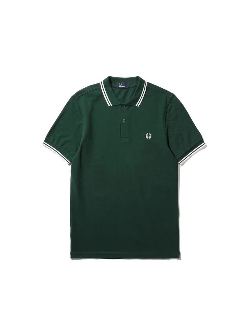 FRED PERRY Cotton summer casual short-sleeved men's polo shirt/ Green double white edge  - Image 1