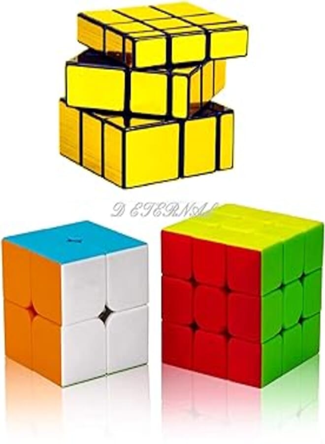 D ETERNAL Stickerless Cube Combo Set of 2X2 3x3 and Stickered Gold Mirror Puzzle Cubes