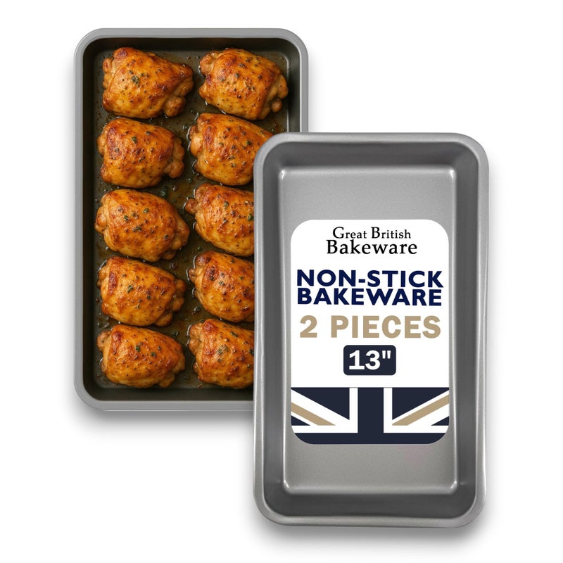 Great British Bakeware 2 Pack 33cm Superior Double Coated NonStick Roasting Tray Oven Baking Tray PFOA  BPA Free Cookware Oven Safe Baking  Roasting Tin Made in England