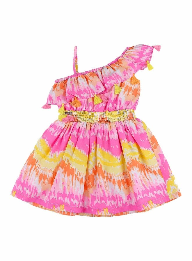 Nautinati Infant Girls Printed One Shoulder Fit & Flare Dress | Cotton | Age 0-3 Years Pink-Yellow - Image 1
