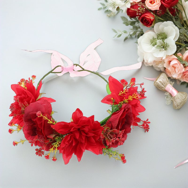Flower Girl Hair Accessory: Bridal Headband Wreath Red Flower Wedding Hair Accessories - Artificial Floral Headdress For Bride - Image 4
