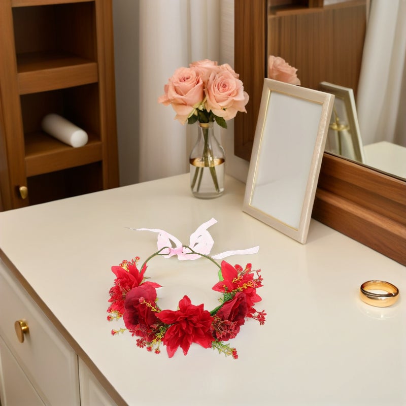Flower Girl Hair Accessory: Bridal Headband Wreath Red Flower Wedding Hair Accessories - Artificial Floral Headdress For Bride - Image 3