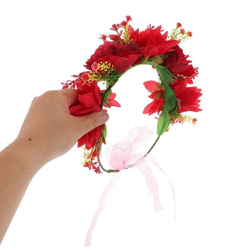 Flower Girl Hair Accessory: Bridal Headband Wreath Red Flower Wedding Hair Accessories - Artificial Floral Headdress For Bride - Image 2