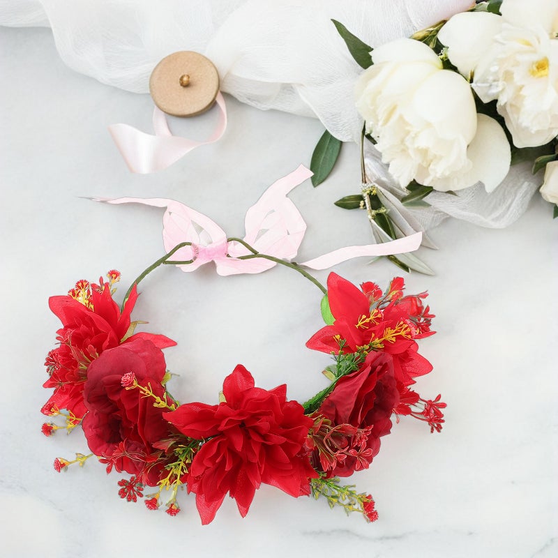 Flower Girl Hair Accessory: Bridal Headband Wreath Red Flower Wedding Hair Accessories - Artificial Floral Headdress For Bride - Image 5