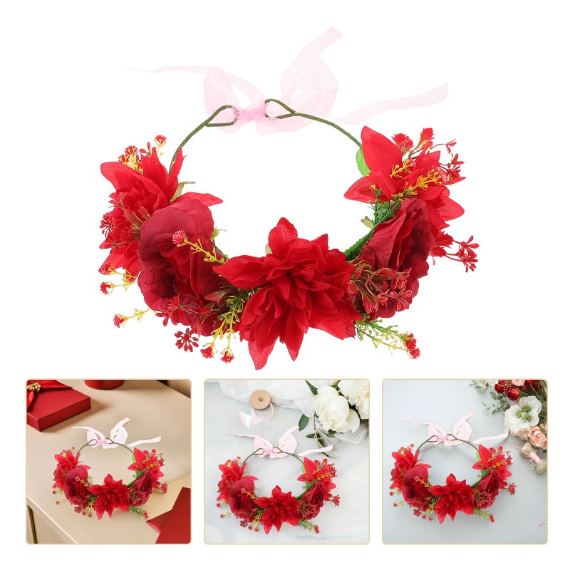 Flower Girl Hair Accessory: Bridal Headband Wreath Red Flower Wedding Hair Accessories - Artificial Floral Headdress For Bride - Image 1