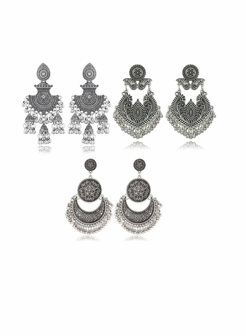 SOLARAE Vintage Earrings Traditional Retro Silver Gold Boho Jewelry Ethnic Tribal Gypsy Engraved Hook Drop Dangle Jhumka Bells Tassel Earrings for Women Girls 3 Pair/Set - Image 1