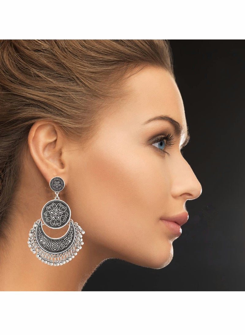 SOLARAE Vintage Earrings Traditional Retro Silver Gold Boho Jewelry Ethnic Tribal Gypsy Engraved Hook Drop Dangle Jhumka Bells Tassel Earrings for Women Girls 3 Pair/Set - Image 2