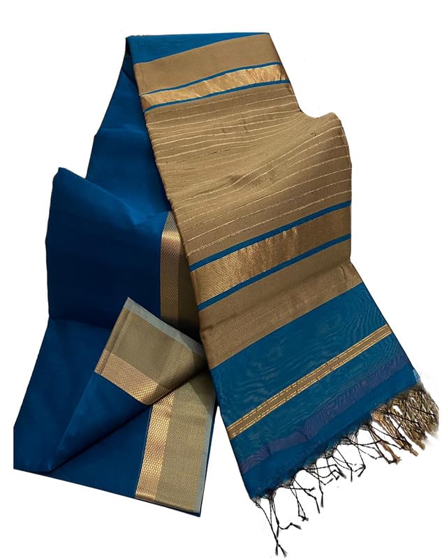 SheenKraft | Women's Cotton Silk Bhagalpuri Handloom Saree With Designed Border and Blouse Piece-Free Size-Color Variation (11827 Capri Blue) - Image 2