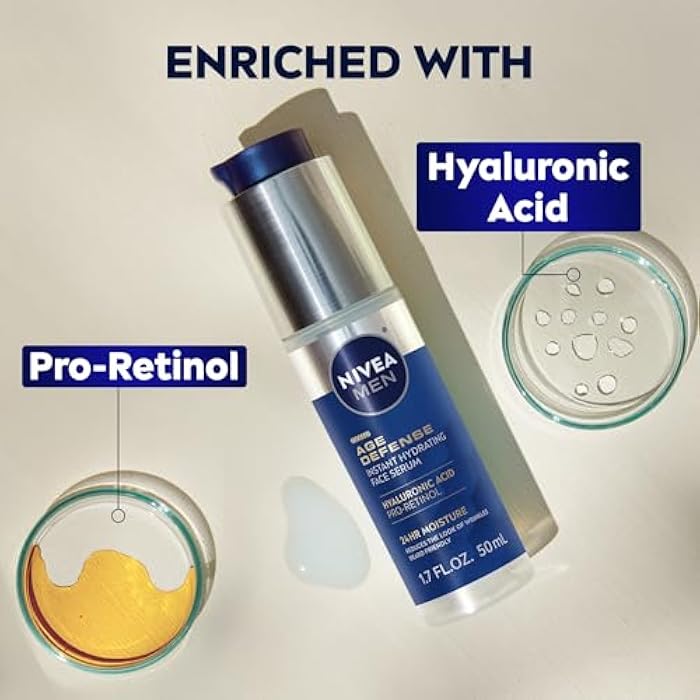 NIVEA MEN Age Defense Instant Hydrating Face Serum for Dry Skin, With Pro-Retinol and Hyaluronic Acid, Facial Serum Helps Reduce Look of Fine Lines and Wrinkles, 1.7 Fl Oz Bottle - Image 4