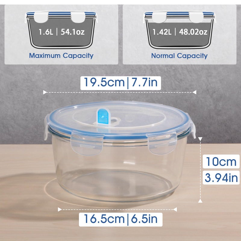 NUTRIUPS 54OZ/1600ml Glass Meal Prep Containers with Lids, Food Storage Containers, Round Airtight Food Storage Container - Image 2