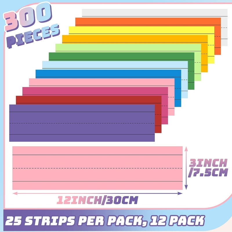 Tudomro 300 Sheets Colored Sentence Strips Teacher Supplies Ruled Bright Sentence Strips for Classroom School Office, 12 Colors, 12 x 3 Inch, 12 Pack - Image 4