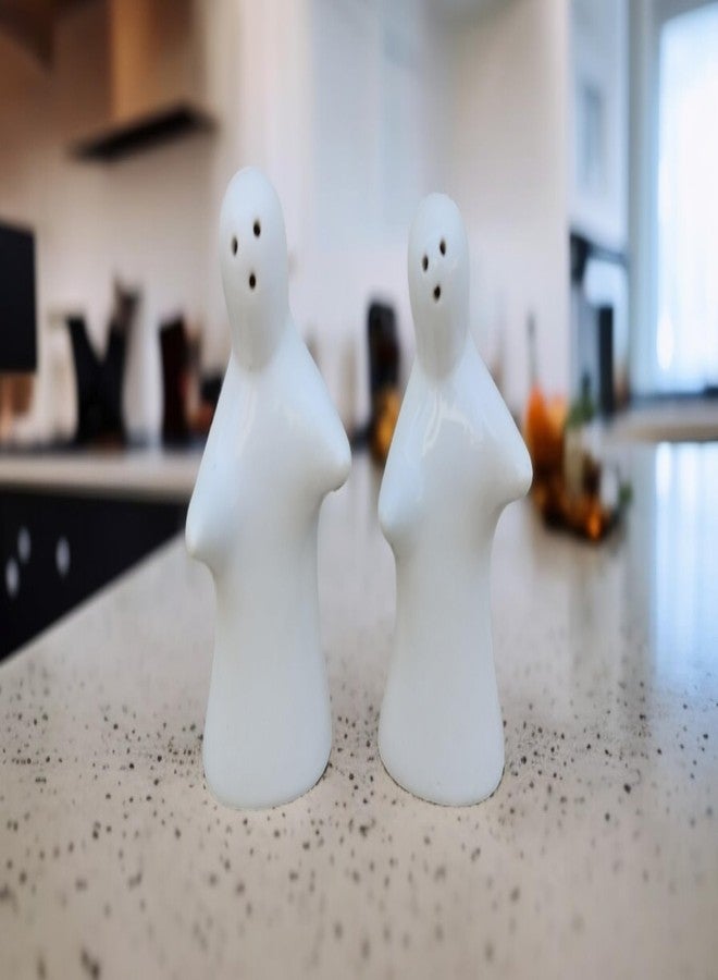 Malaikah Ceramic 2 Pcs Ghost Hug Shape Salt Shakers Namakdani, Salt Shaker Decoration Set Easy Refill Dining Table Festive Tableware Gifts Kitchen Decor (White) - Image 1