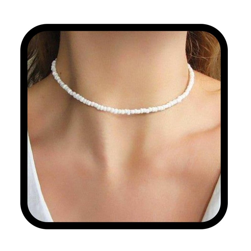Yalice Boho Choker Necklace Chain Rice Beaded Necklaces Summer Surfer Costume Neck Accessories for Women (White)
