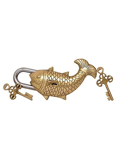 natham - Natham Golden Hard Brass Fish Shaped Anitique Functional Handcrafted LockPadlock 12 x 4 x 4 Cm Weight 250 Grams for Gifting and Security with Unique 2 Keys - Image 1