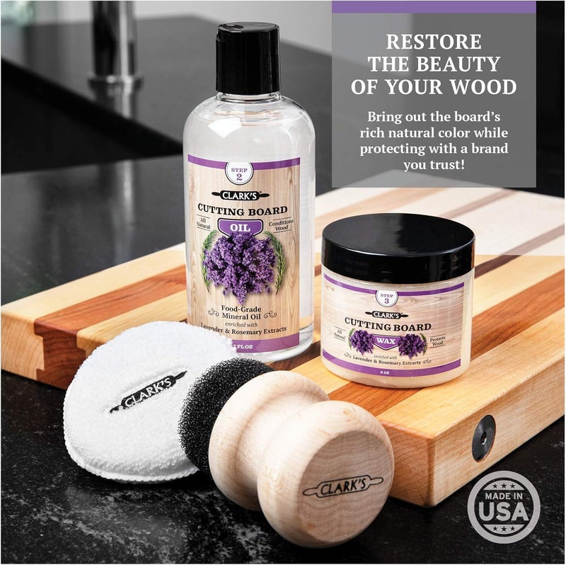 clarks CLARK’S Cutting Board Oil and Wax Kit - Set includes Food Grade Mineral Oil (12oz), Finishing Wood Wax (6oz), Applicator Sponge & Buffing Pad, Enriched with Food Safe Lavender and Rosemary Extract - Image 2