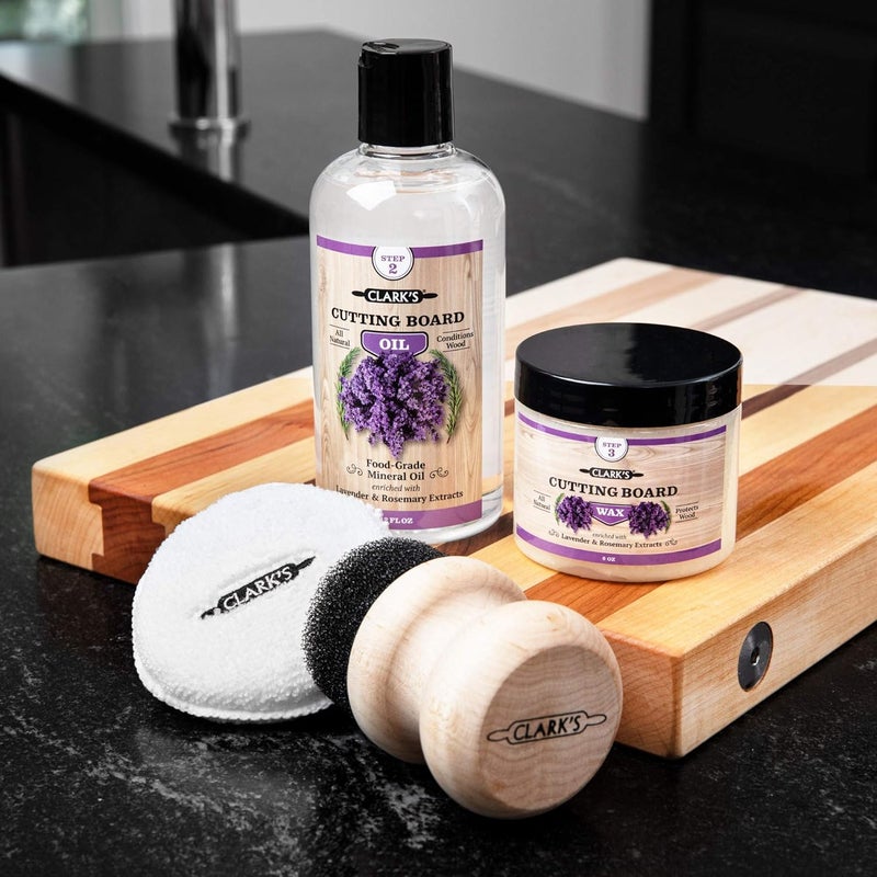 clarks CLARK’S Cutting Board Oil and Wax Kit - Set includes Food Grade Mineral Oil (12oz), Finishing Wood Wax (6oz), Applicator Sponge & Buffing Pad, Enriched with Food Safe Lavender and Rosemary Extract - Image 4