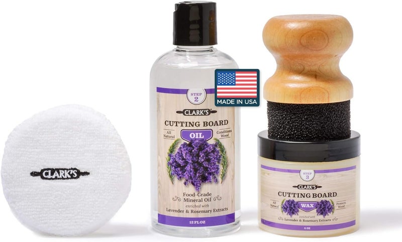 clarks CLARK’S Cutting Board Oil and Wax Kit - Set includes Food Grade Mineral Oil (12oz), Finishing Wood Wax (6oz), Applicator Sponge & Buffing Pad, Enriched with Food Safe Lavender and Rosemary Extract - Image 1