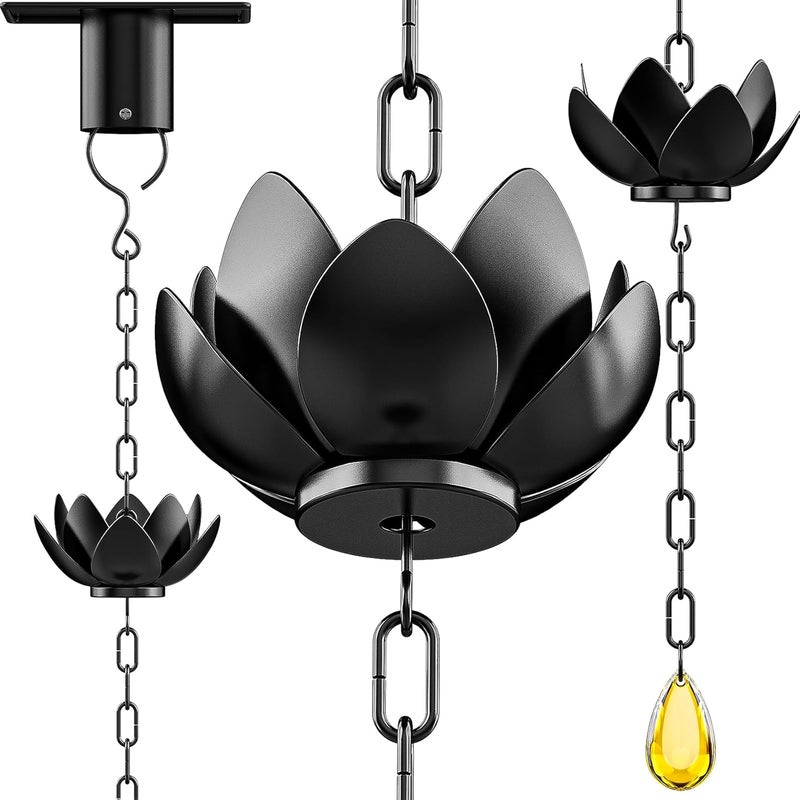 Wellrain Rain Chain for Gutters Outside 8.5ft Downspout Replacement with 12 Cups Heavy-Duty Black Metal Rain Catcher Divert Rainwater for Gardens Patios & Home Decor Adjustable Easy Install - Image 1