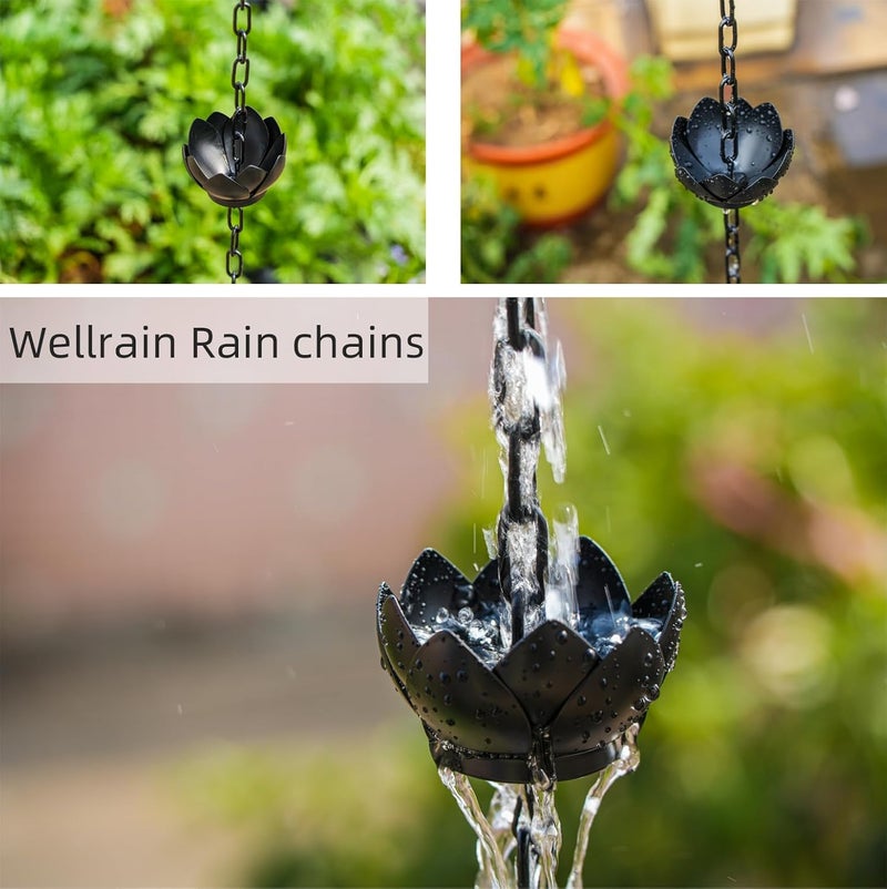 Wellrain Rain Chain for Gutters Outside 8.5ft Downspout Replacement with 12 Cups Heavy-Duty Black Metal Rain Catcher Divert Rainwater for Gardens Patios & Home Decor Adjustable Easy Install - Image 3