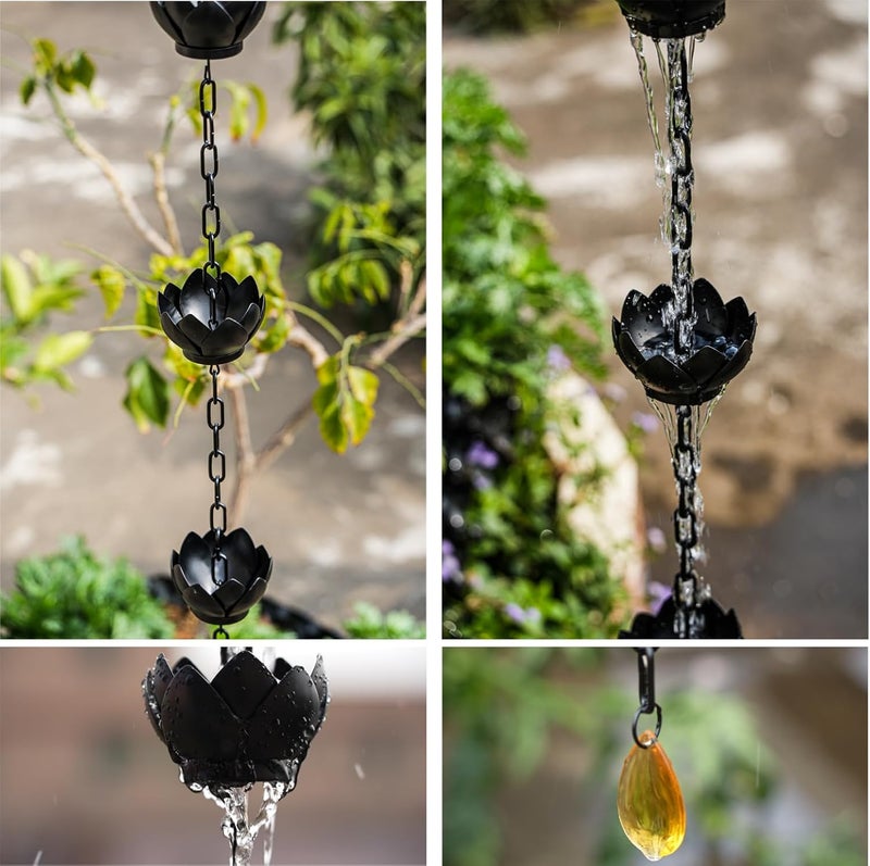 Wellrain Rain Chain for Gutters Outside 8.5ft Downspout Replacement with 12 Cups Heavy-Duty Black Metal Rain Catcher Divert Rainwater for Gardens Patios & Home Decor Adjustable Easy Install - Image 4