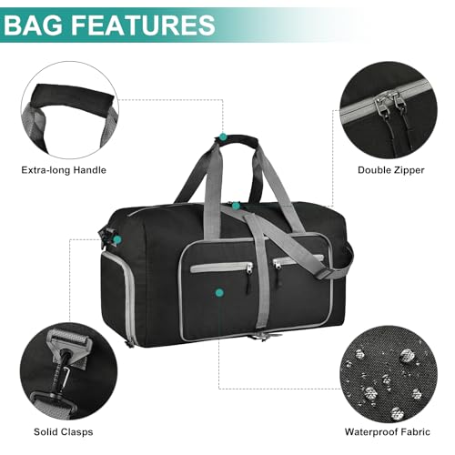 Dimayar 65L Travel Duffle Bag for Men Women - Foldable Duffel Bag with Shoes Compartment - Overnight Bags Waterproof & Tear Resistant(Black) - Image 3