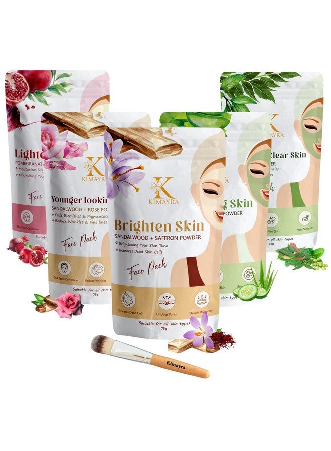 Kimayra Skin Care Combo Powder (Sandalwood + Saffron, Sandalwood + Rose, Aloevera + Cucumber, Pomegranate + Beetroot, Neem + Mint) - Face Pack Combo Powder For Natural Glow Skin - 375Gm (75G X 5 Pack) - Image 1