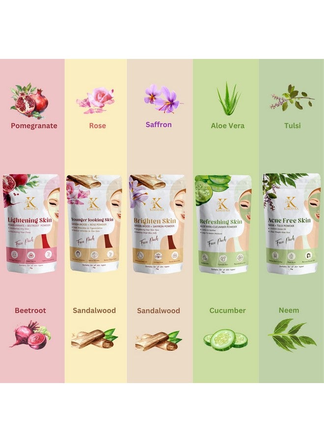 Kimayra Skin Care Combo Powder (Sandalwood + Saffron, Sandalwood + Rose, Aloevera + Cucumber, Pomegranate + Beetroot, Neem + Mint) - Face Pack Combo Powder For Natural Glow Skin - 375Gm (75G X 5 Pack) - Image 2
