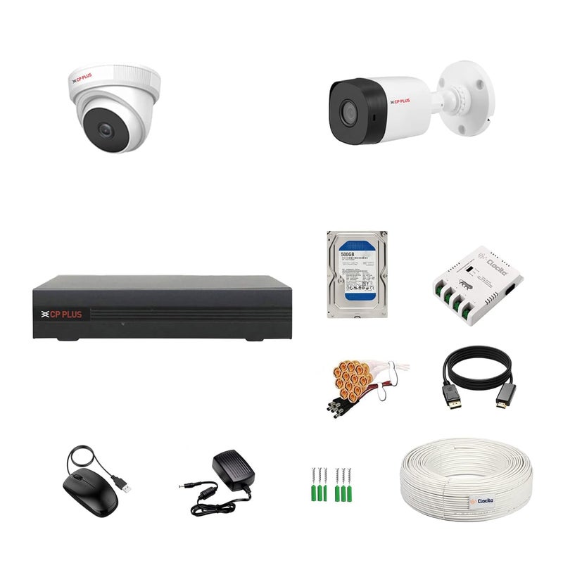 Clocite cp Plus 4 Channel DVR + 2.4MP 1 Dome & 1 Bullet Cameras with Audio Recording (Day/Night Vision) + 500GB HDD + Copper Cable Roll (1+3) 4 CH Power Supply + BNC & DC Full Combo Kit - Image 1