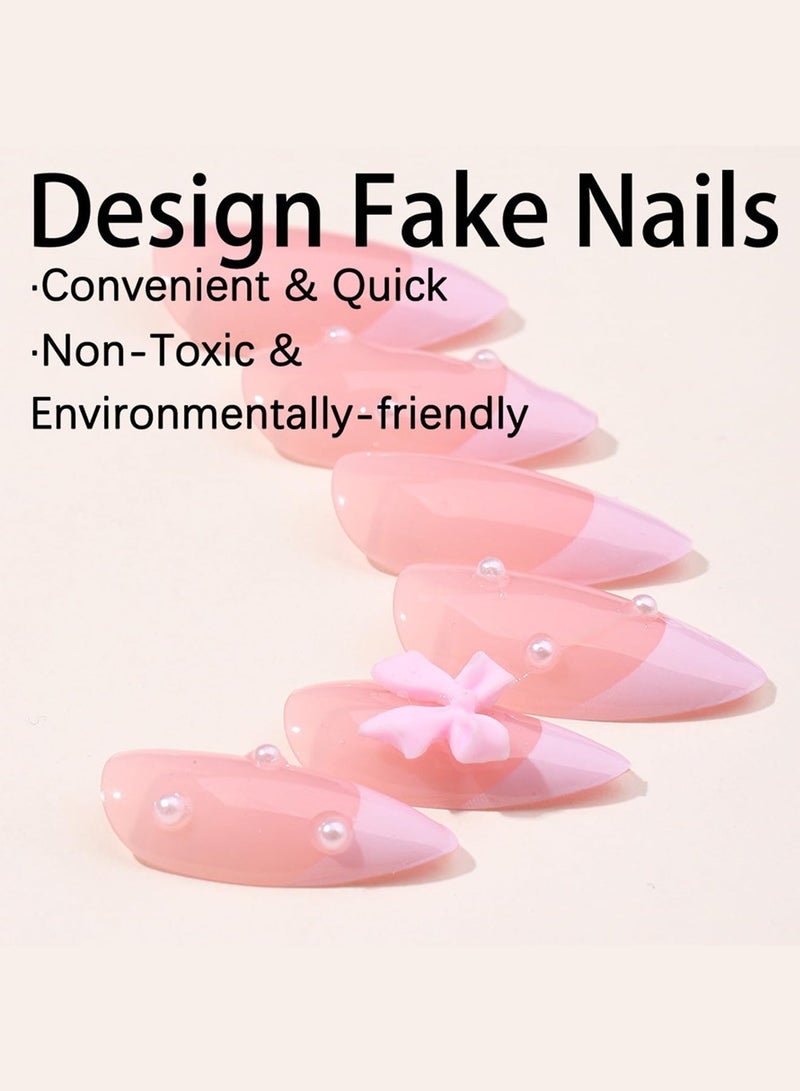 24-Piece Full Cover False French Tip Press on Nails,Medium Fake Nails Almond Glue on Nails Bow Charm Pearl Design Acrylic Nails(Pink) - Image 3