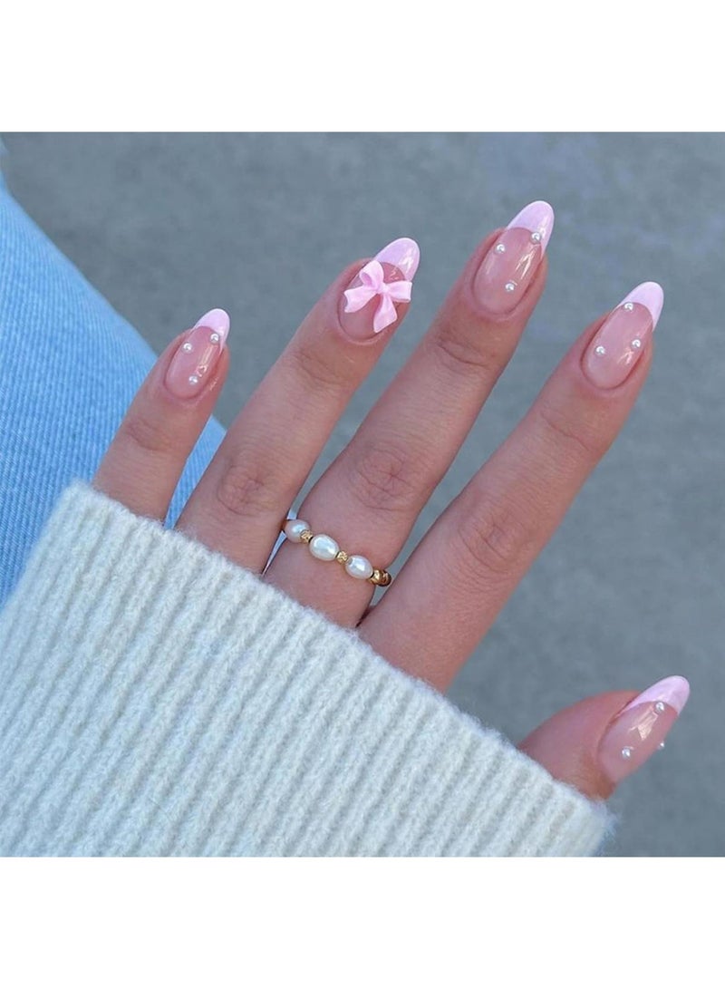 24-Piece Full Cover False French Tip Press on Nails,Medium Fake Nails Almond Glue on Nails Bow Charm Pearl Design Acrylic Nails(Pink) - Image 1