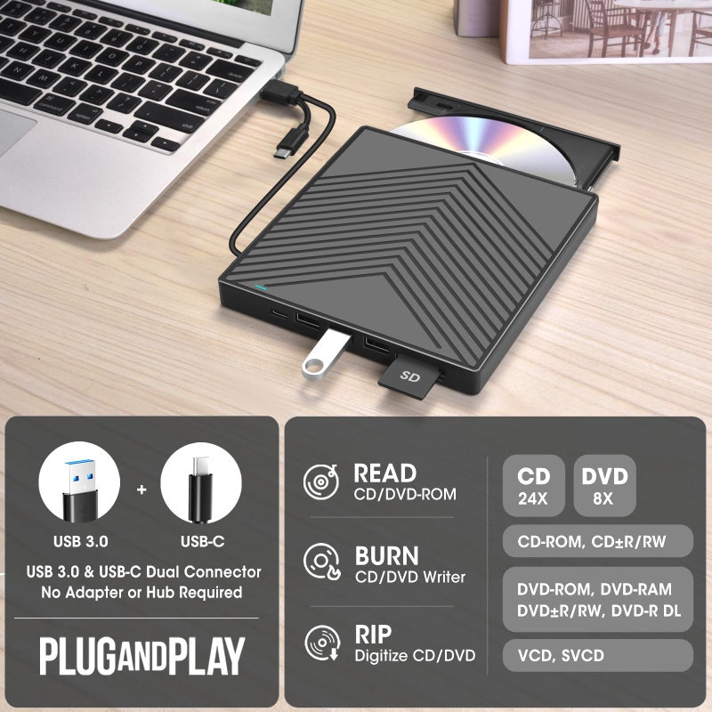ROOFULL External CD DVD Drive Player Burner USB 3.0 & USB-C Portable CD/DVD-ROM +/-RW Optical Disk Drive with 4 USB Ports + 2 SD/TF Card Reader + Carrying Case for Laptop PC Windows Mac Linux Computer - Image 3