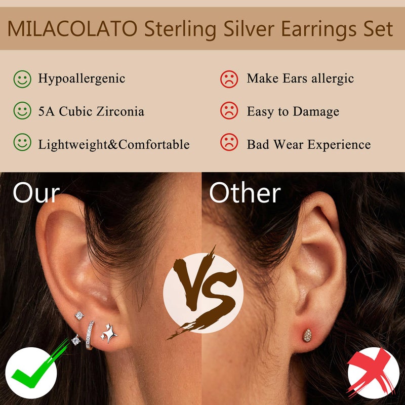 MILACOLATO 925 Sterling Silver Earrings for Women, Sterling Silver Filled Small Huggie Hoop Earrings Sets for Multiple Piercing Hypoallergenic Jewelry, CZ Cartilage Earrings Stacks Trendy Jewelry Gifts, 3 Pairs-C - Image 3