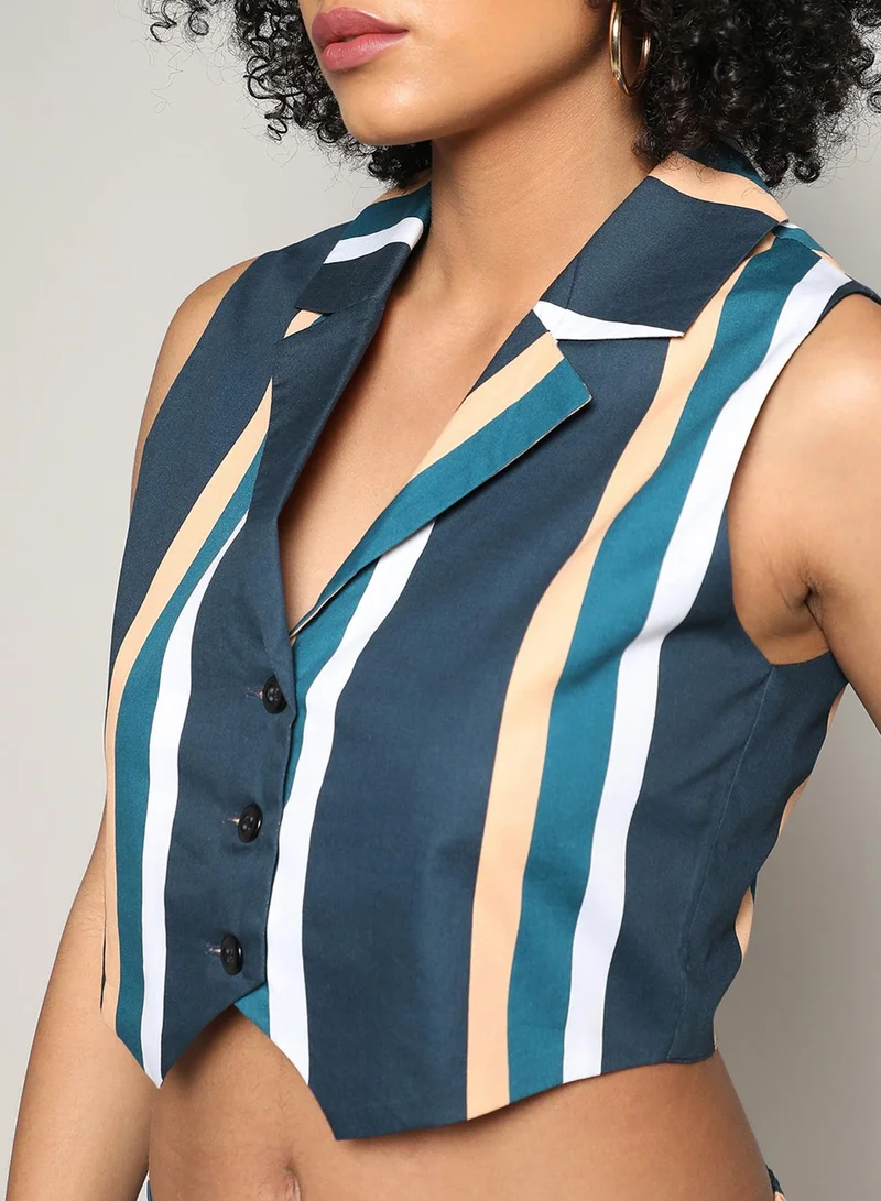 PINACOLADA  Women's Prussian Blue Striped Vest Co-Ord Set for Women | Best Price UAE