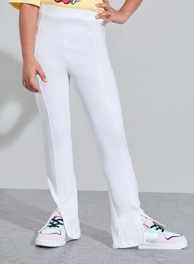 Styli Teen Girls Off White Solid High-Rise Leggings with Front Slit - Image 1